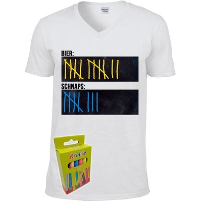 T-Shirt Strichliste Bier & Schnaps mit Kreide beschreibbar inkl. 12er-Pack Kreide (Herren, V-Neck, Weiß)