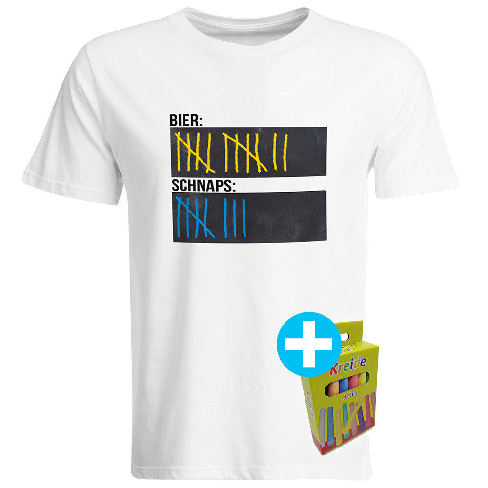 T-Shirt Strichliste Bier & Schnaps mit Kreide beschreibbar inkl. 12er-Pack Kreide (Herren, Rundhals, Weiß)