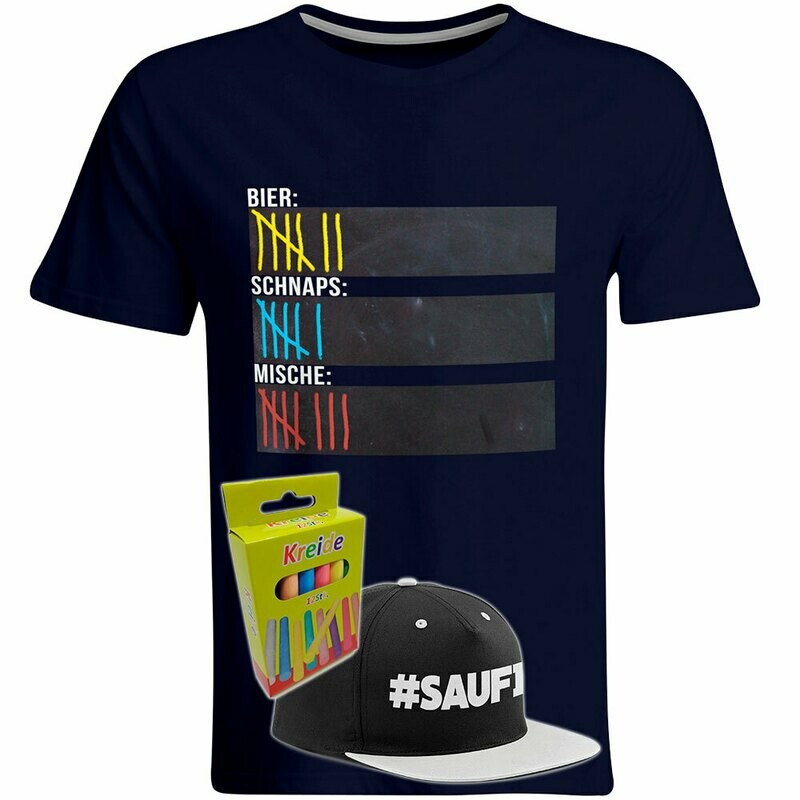 T-Shirt Strichliste Bier, Schnaps & Mische mit Kreide beschreibbar inkl. Saufi Snapback (Grau) und 12er-Pack Kreide (Herren, Rundhals, Navy)