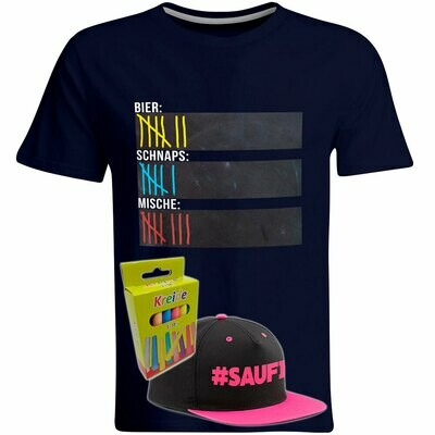 T-Shirt Strichliste Bier, Schnaps & Mische mit Kreide beschreibbar inkl. Saufi Snapback (Pink) und 12er-Pack Kreide (Herren, Rundhals, Navy) T-Shirt Strichliste Bier, Schnaps & Mische mit Kreide beschreibbar inkl. Saufi Snapback (Pink) und 12er-Pack Kreide (Herren, Rundhals, Navy)