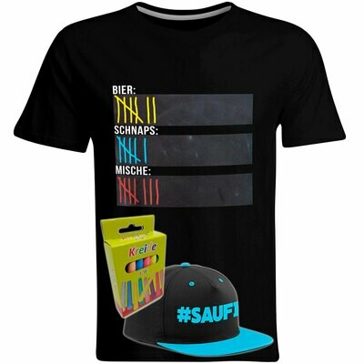 T-Shirt Strichliste Bier, Schnaps & Mische mit Kreide beschreibbar inkl. Saufi Snapback (Blau) und 12er-Pack Kreide (Herren, Rundhals, Schwarz) T-Shirt Strichliste Bier, Schnaps & Mische mit Kreide beschreibbar inkl. Saufi Snapback (Blau) und 12er-Pack Kreide (Herren, Rundhals, Schwarz)