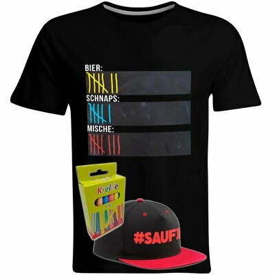 T-Shirt Strichliste Bier, Schnaps & Mische mit Kreide beschreibbar inkl. Saufi Snapback (Rot) und 12er-Pack Kreide (Herren, Rundhals, Schwarz) T-Shirt Strichliste Bier, Schnaps & Mische mit Kreide beschreibbar inkl. Saufi Snapback (Rot) und 12er-Pack Kreide (Herren, Rundhals, Schwarz)