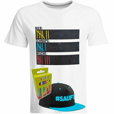 T-Shirt Strichliste Bier, Schnaps & Mische mit Kreide beschreibbar inkl. Saufi Snapback (Blau) und 12er-Pack Kreide (Herren, Rundhals, Weiß) T-Shirt Strichliste Bier, Schnaps & Mische mit Kreide beschreibbar inkl. Saufi Snapback (Blau) und 12er-Pack Kreide (Herren, Rundhals, Weiß)