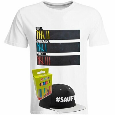 T-Shirt Strichliste Bier, Schnaps & Mische mit Kreide beschreibbar inkl. Saufi Snapback (Grau) und 12er-Pack Kreide (Herren, Rundhals, Weiß) T-Shirt Strichliste Bier, Schnaps & Mische mit Kreide beschreibbar inkl. Saufi Snapback (Grau) und 12er-Pack Kreide (Herren, Rundhals, Weiß)