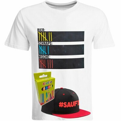 T-Shirt Strichliste Bier, Schnaps & Mische mit Kreide beschreibbar inkl. Saufi Snapback (Rot) und 12er-Pack Kreide (Herren, Rundhals, Weiß)