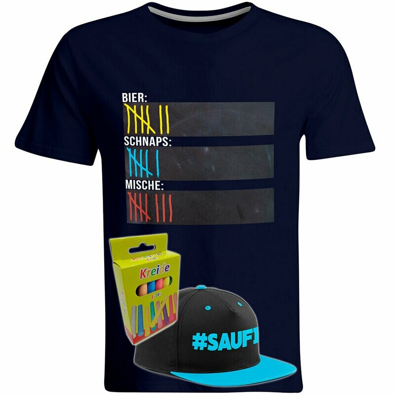 T-Shirt Strichliste Bier, Schnaps & Mische mit Kreide beschreibbar inkl. Saufi Snapback (Blau) und 12er-Pack Kreide (Herren, Rundhals, Navy)