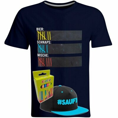 T-Shirt Strichliste Bier, Schnaps & Mische mit Kreide beschreibbar inkl. Saufi Snapback (Blau) und 12er-Pack Kreide (Herren, Rundhals, Navy) T-Shirt Strichliste Bier, Schnaps & Mische mit Kreide beschreibbar inkl. Saufi Snapback (Blau) und 12er-Pack Kreide (Herren, Rundhals, Navy)