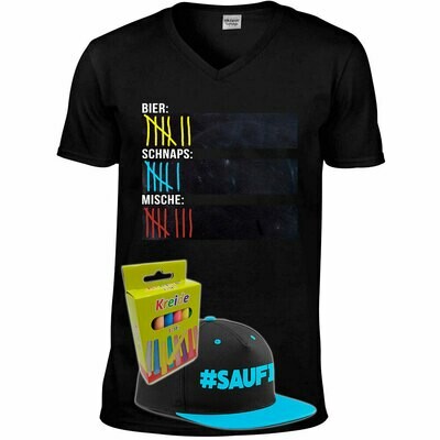 T-Shirt Strichliste Bier, Schnaps & Mische mit Kreide beschreibbar inkl. Saufi Snapback (Blau) und 12er-Pack Kreide (Herren, V-Neck, Schwarz) T-Shirt Strichliste Bier, Schnaps & Mische mit Kreide beschreibbar inkl. Saufi Snapback (Blau) und 12er-Pack Kreide (Herren, V-Neck, Schwarz)