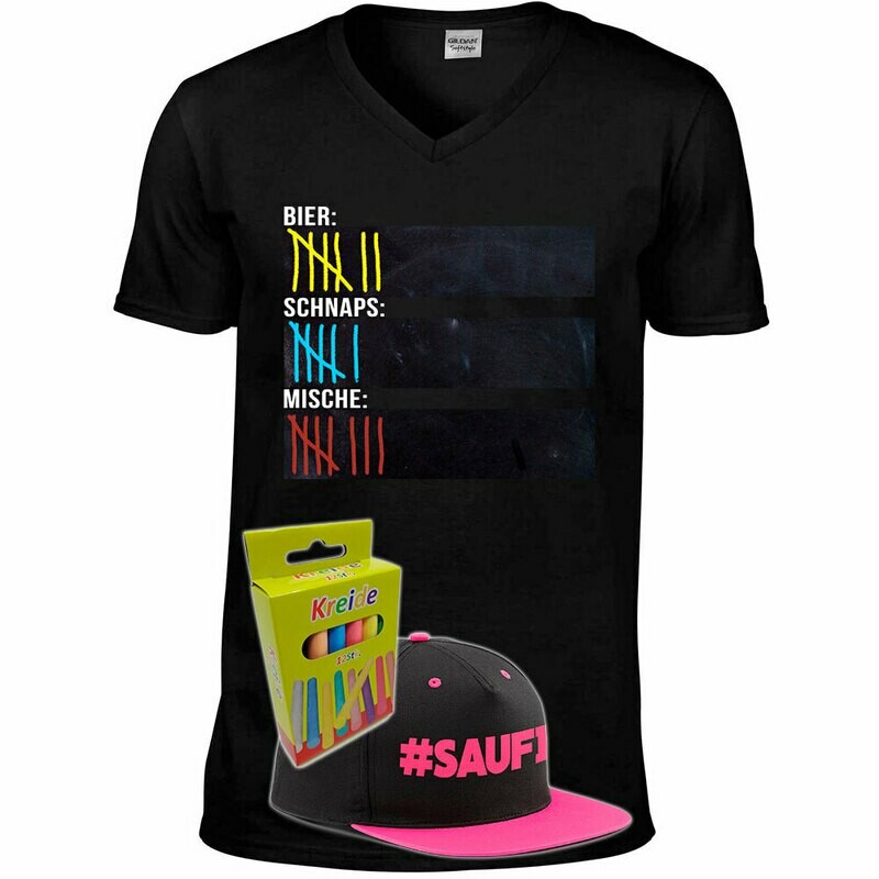 T-Shirt Strichliste Bier, Schnaps & Mische mit Kreide beschreibbar inkl. Saufi Snapback (Pink) und 12er-Pack Kreide (Herren, V-Neck, Schwarz)