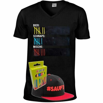 T-Shirt Strichliste Bier, Schnaps & Mische mit Kreide beschreibbar inkl. Saufi Snapback (Rot) und 12er-Pack Kreide (Herren, V-Neck, Schwarz) T-Shirt Strichliste Bier, Schnaps & Mische mit Kreide beschreibbar inkl. Saufi Snapback (Rot) und 12er-Pack Kreide (Herren, V-Neck, Schwarz)