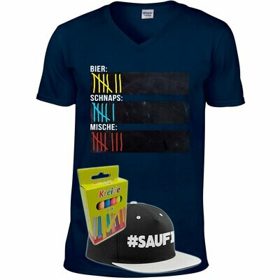 T-Shirt Strichliste Bier, Schnaps & Mische mit Kreide beschreibbar inkl. Saufi Snapback (Grau) und 12er-Pack Kreide (Herren, V-Neck, Navy) T-Shirt Strichliste Bier, Schnaps & Mische mit Kreide beschreibbar inkl. Saufi Snapback (Grau) und 12er-Pack Kreide (Herren, V-Neck, Navy)