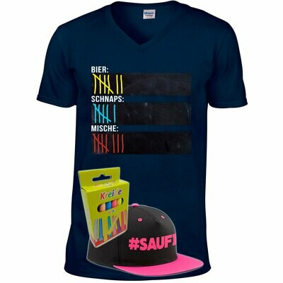 T-Shirt Strichliste Bier, Schnaps & Mische mit Kreide beschreibbar inkl. Saufi Snapback (Pink) und 12er-Pack Kreide (Herren, V-Neck, Navy) T-Shirt Strichliste Bier, Schnaps & Mische mit Kreide beschreibbar inkl. Saufi Snapback (Pink) und 12er-Pack Kreide (Herren, V-Neck, Navy)