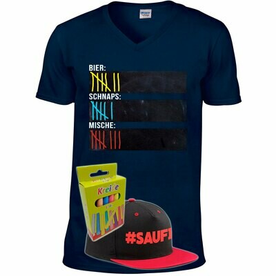 T-Shirt Strichliste Bier, Schnaps & Mische mit Kreide beschreibbar inkl. Saufi Snapback (Rot) und 12er-Pack Kreide (Herren, V-Neck, Navy) T-Shirt Strichliste Bier, Schnaps & Mische mit Kreide beschreibbar inkl. Saufi Snapback (Rot) und 12er-Pack Kreide (Herren, V-Neck, Navy)