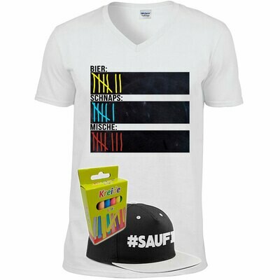 T-Shirt Strichliste Bier, Schnaps & Mische mit Kreide beschreibbar inkl. Saufi Snapback (Grau) und 12er-Pack Kreide (Herren, V-Neck, Weiß) T-Shirt Strichliste Bier, Schnaps & Mische mit Kreide beschreibbar inkl. Saufi Snapback (Grau) und 12er-Pack Kreide (Herren, V-Neck, Weiß)