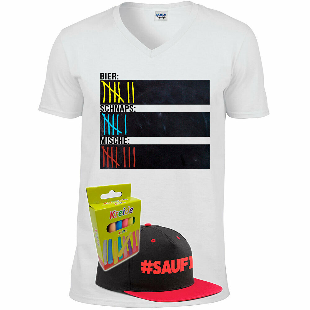 T-Shirt Strichliste Bier, Schnaps & Mische mit Kreide beschreibbar inkl. Saufi Snapback (Rot) und 12er-Pack Kreide (Herren, V-Neck, Weiß)