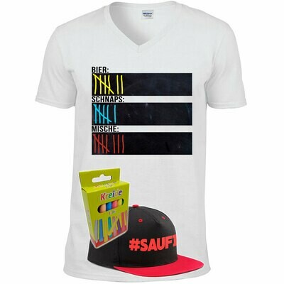 T-Shirt Strichliste Bier, Schnaps & Mische mit Kreide beschreibbar inkl. Saufi Snapback (Rot) und 12er-Pack Kreide (Herren, V-Neck, Weiß) T-Shirt Strichliste Bier, Schnaps & Mische mit Kreide beschreibbar inkl. Saufi Snapback (Rot) und 12er-Pack Kreide (Herren, V-Neck, Weiß)