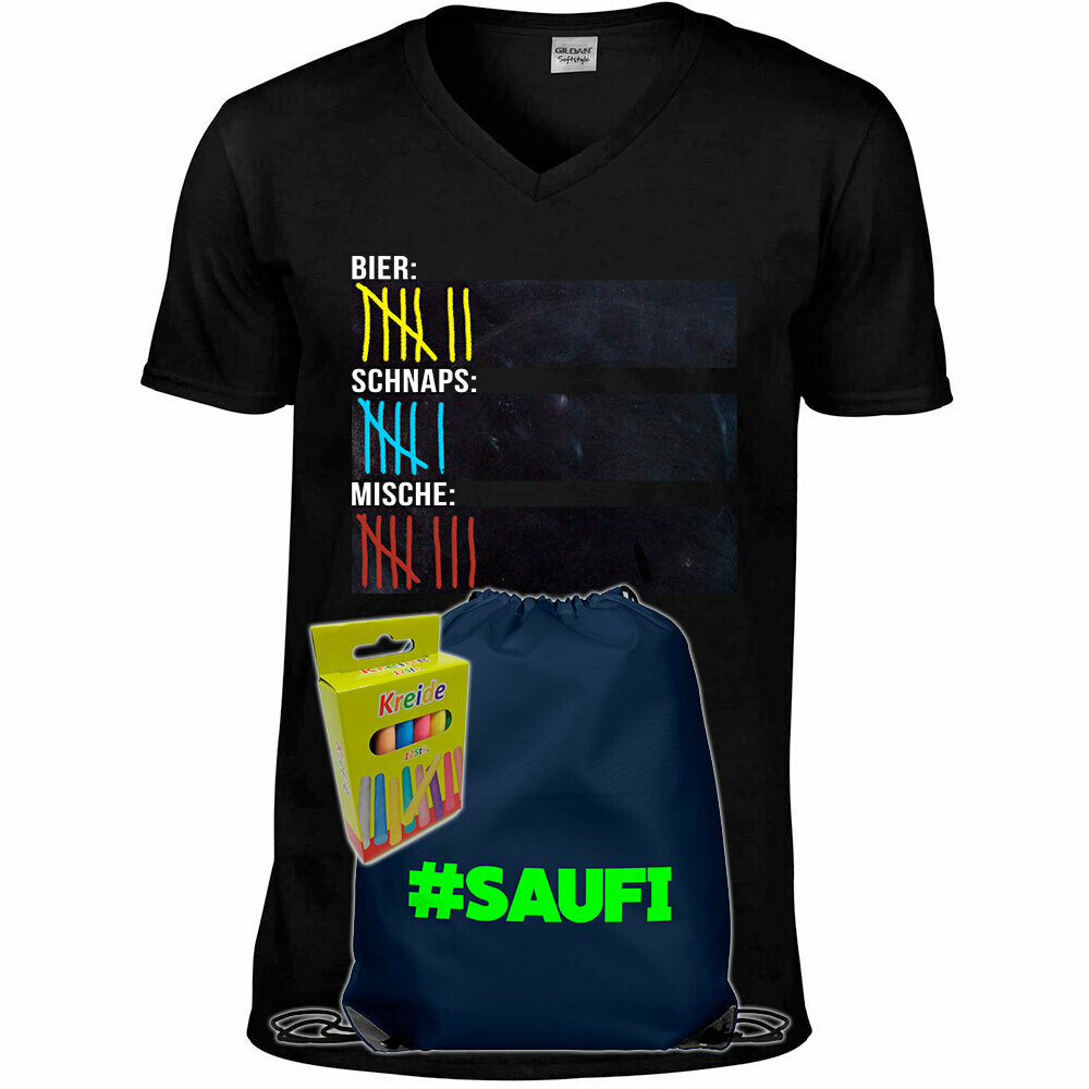 T-Shirt Strichliste Bier, Schnaps & Mische mit Kreide beschreibbar inkl. Saufi Festival Bag (Navy) und 12er-Pack Kreide (Herren, V-Neck, Schwarz)