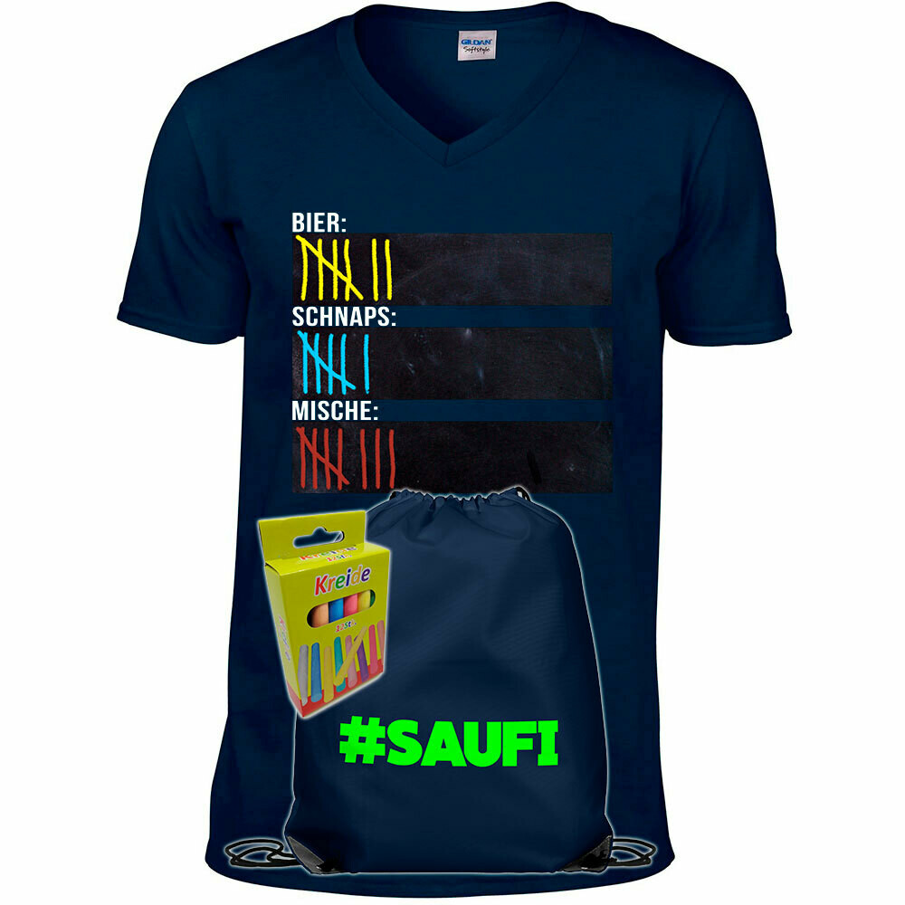 T-Shirt Strichliste Bier, Schnaps & Mische mit Kreide beschreibbar inkl. Saufi Festival Bag (Navy) und 12er-Pack Kreide (Herren, V-Neck, Navy)