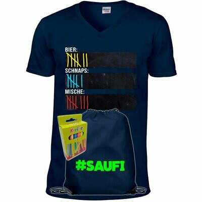 T-Shirt Strichliste Bier, Schnaps & Mische mit Kreide beschreibbar inkl. Saufi Festival Bag (Navy) und 12er-Pack Kreide (Herren, V-Neck, Navy) T-Shirt Strichliste Bier, Schnaps & Mische mit Kreide beschreibbar inkl. Saufi Festival Bag (Navy) und 12er-Pack Kreide (Herren, V-Neck, Navy)