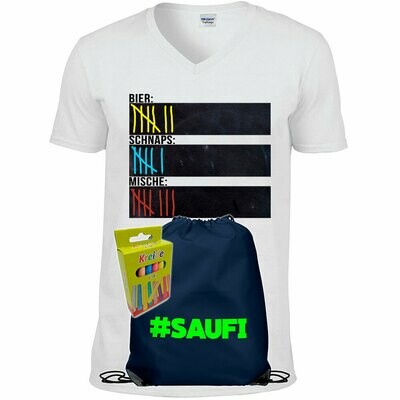 T-Shirt Strichliste Bier, Schnaps & Mische mit Kreide beschreibbar inkl. Saufi Festival Bag (Navy) und 12er-Pack Kreide (Herren, V-Neck, Weiß)
