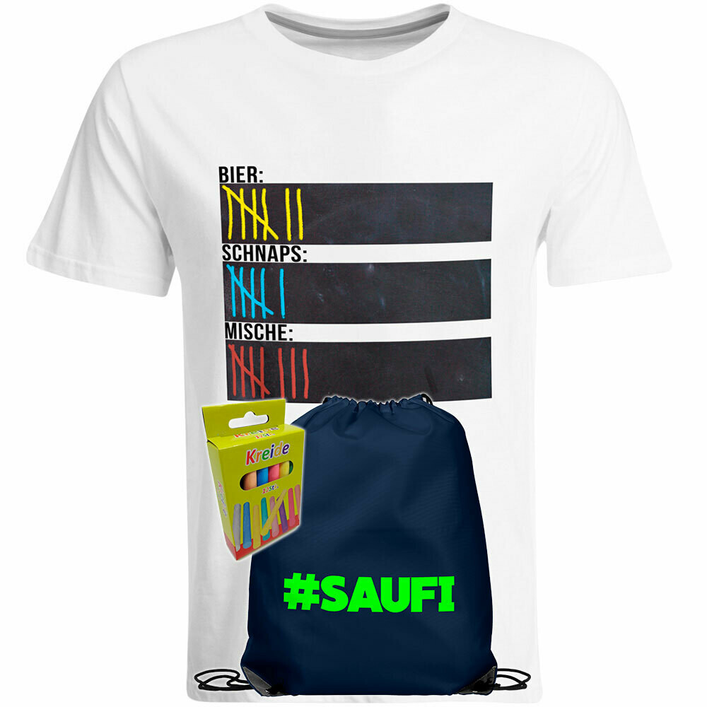 T-Shirt Strichliste Bier, Schnaps & Mische mit Kreide beschreibbar inkl. Saufi Festival Bag (Navy) und 12er-Pack Kreide (Herren, Rundhals, Weiß)