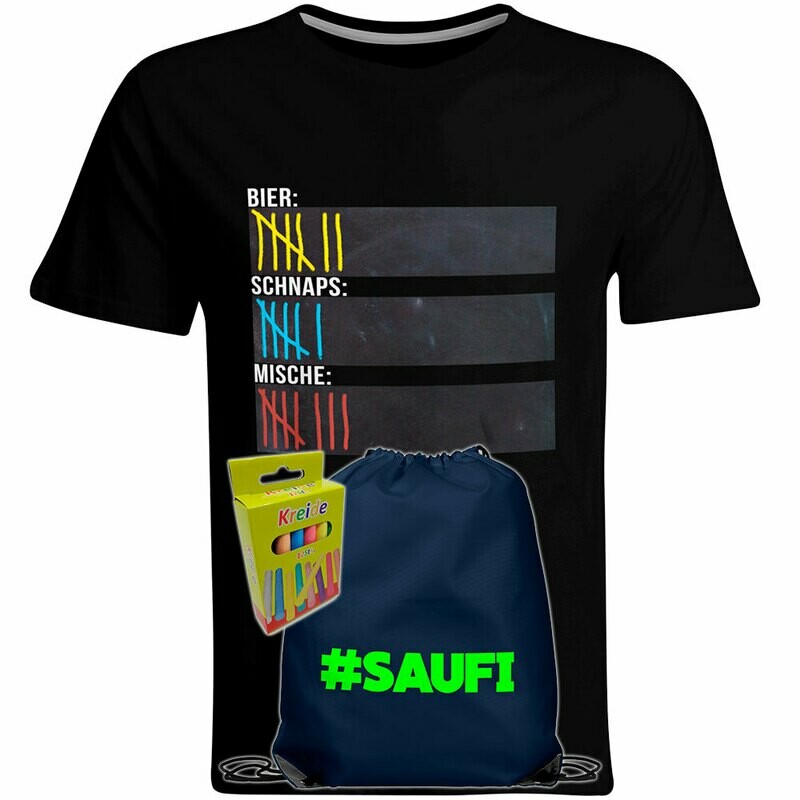 T-Shirt Strichliste Bier, Schnaps & Mische mit Kreide beschreibbar inkl. Saufi Festival Bag (Navy) und 12er-Pack Kreide (Herren, Rundhals, Schwarz)