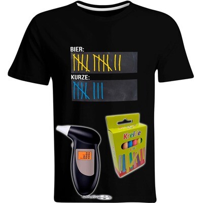 T-Shirt Strichliste Bier & Kurze mit Kreide beschreibbar inkl. Alkoholtester und 12er-Pack Kreide (Herren, Rundhals, Farbe Schwarz)