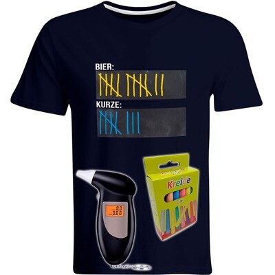 T-Shirt Strichliste Bier & Kurze mit Kreide beschreibbar inkl. Alkoholtester und 12er-Pack Kreide (Herren, Rundhals, Farbe Navy)