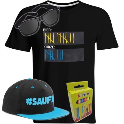 T-Shirt Strichliste Bier & Kurze mit Kreide beschreibbar inkl. Partybrille, #SAUFI Snapback (Blau) und 12er-Pack Kreide (Herren, Rundhals, verschiedene Farben) T-Shirt Strichliste Bier & Kurze mit Kreide beschreibbar inkl. Partybrille, #SAUFI Snapback (Blau) und 12er-Pack Kreide (Herren, Rundhals, verschiedene Farben)