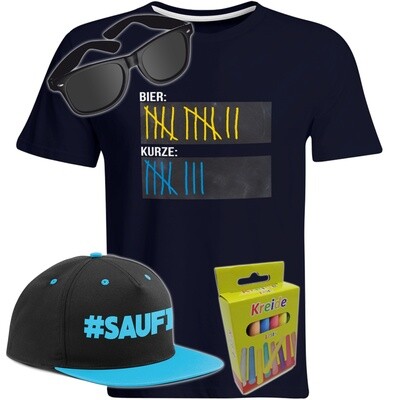 T-Shirt Strichliste Bier & Kurze mit Kreide beschreibbar inkl. Partybrille, #SAUFI Snapback (Blau) und 12er-Pack Kreide (Herren, Rundhals, Farbe Navy) T-Shirt Strichliste Bier & Kurze mit Kreide beschreibbar inkl. Partybrille, #SAUFI Snapback (Blau) und 12er-Pack Kreide (Herren, Rundhals, Farbe Navy)
