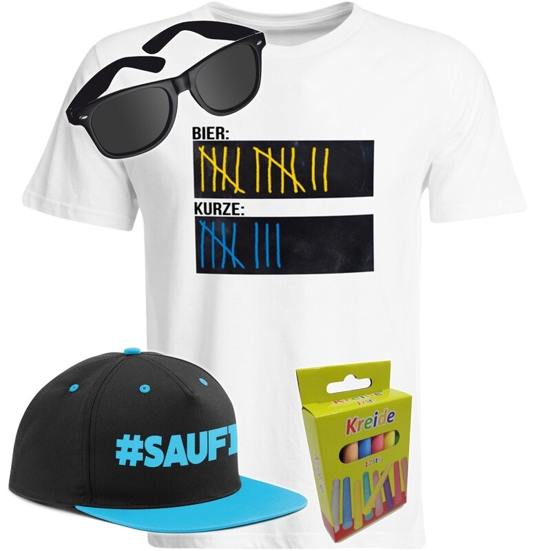 T-Shirt Strichliste Bier & Kurze mit Kreide beschreibbar inkl. Partybrille, #SAUFI Snapback (Blau)  und 12er-Pack Kreide (Herren, Rundhals, Farbe Weiß)