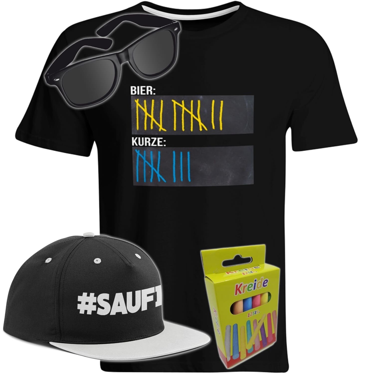 T-Shirt Strichliste Bier & Kurze mit Kreide beschreibbar inkl. Partybrille, #SAUFI Snapback (Grau)  und 12er-Pack Kreide (Herren, Rundhals, Farbe Schwarz)