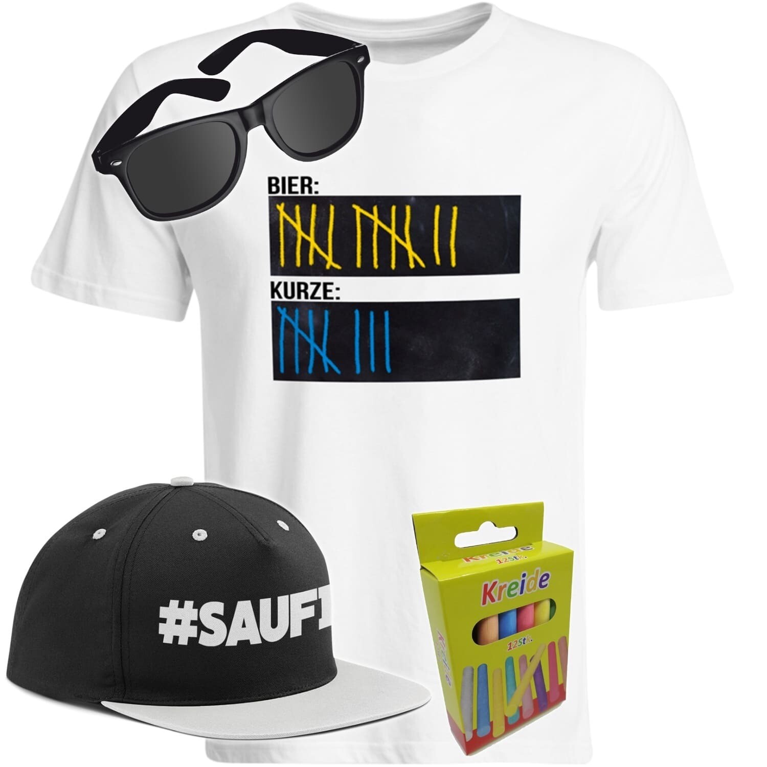 T-Shirt Strichliste Bier & Kurze mit Kreide beschreibbar inkl. Partybrille, #SAUFI Snapback (Grau)  und 12er-Pack Kreide (Herren, Rundhals, Farbe Weiß)