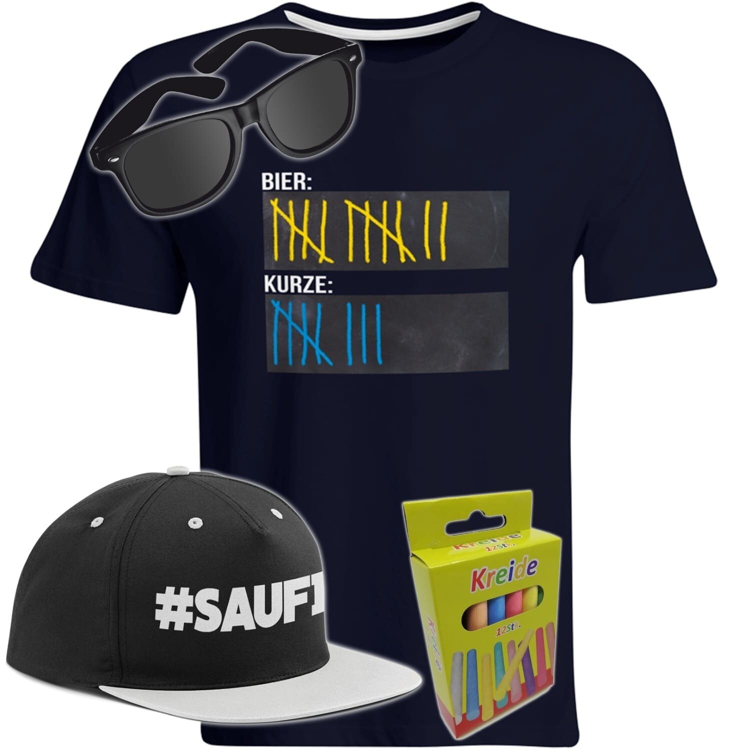 T-Shirt Strichliste Bier & Kurze mit Kreide beschreibbar inkl. Partybrille, #SAUFI Snapback (Grau)  und 12er-Pack Kreide (Herren, Rundhals, Farbe Navy)