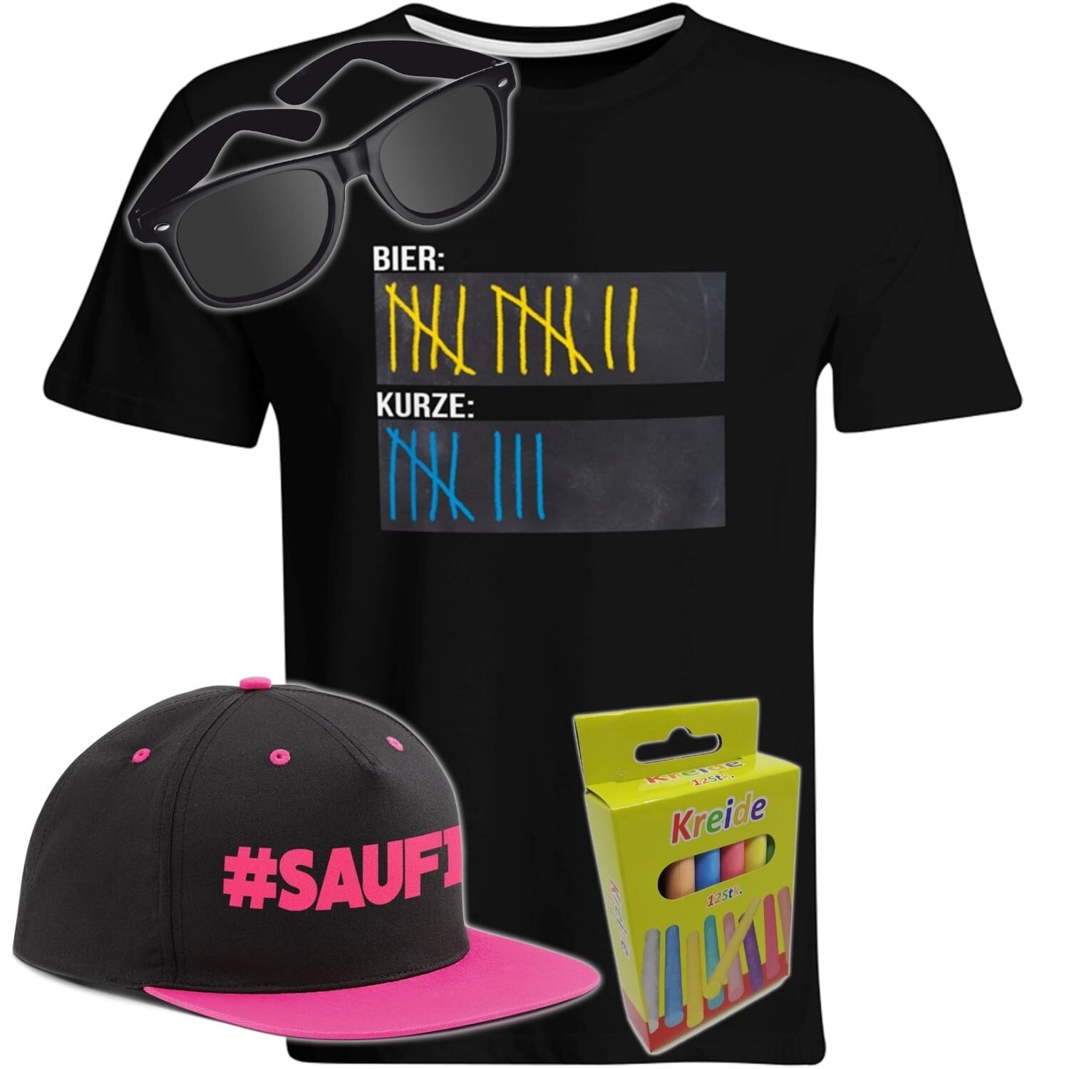 T-Shirt Strichliste Bier & Kurze mit Kreide beschreibbar inkl. Partybrille, #SAUFI Snapback (Pink) und 12er-Pack Kreide (Herren, Rundhals, Farbe Schwarz)