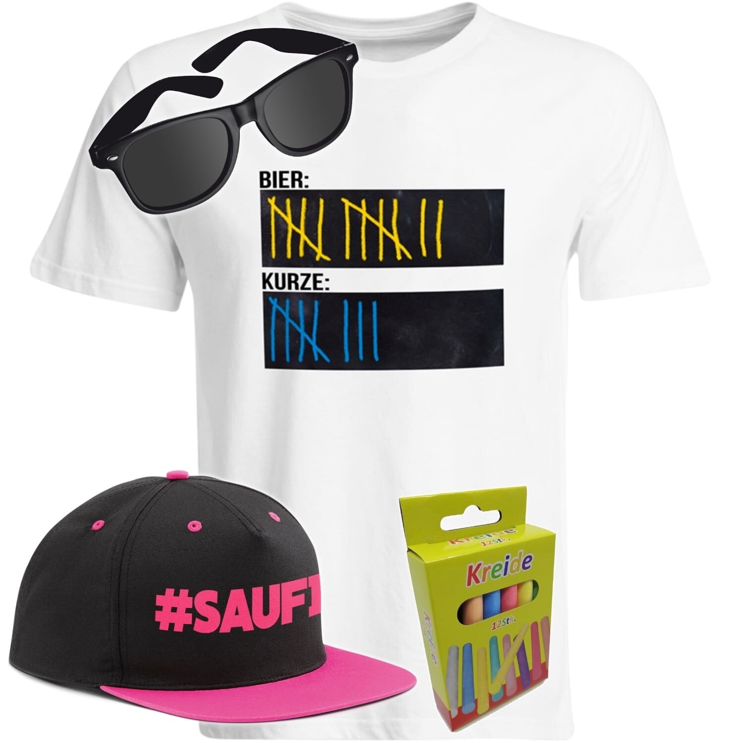 T-Shirt Strichliste Bier & Kurze mit Kreide beschreibbar inkl. Partybrille, #SAUFI Snapback (Pink)  und 12er-Pack Kreide (Herren, Rundhals, Farbe Weiß)