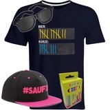 T-Shirt Strichliste Bier & Kurze mit Kreide beschreibbar inkl. Partybrille, #SAUFI Snapback (Pink)  und 12er-Pack Kreide (Herren, Rundhals, Farbe Navy)