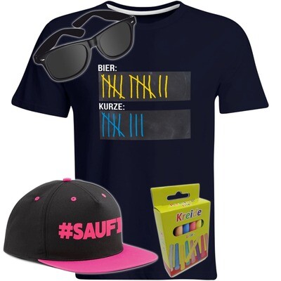 T-Shirt Strichliste Bier & Kurze mit Kreide beschreibbar inkl. Partybrille, #SAUFI Snapback (Pink)  und 12er-Pack Kreide (Herren, Rundhals, Farbe Navy)