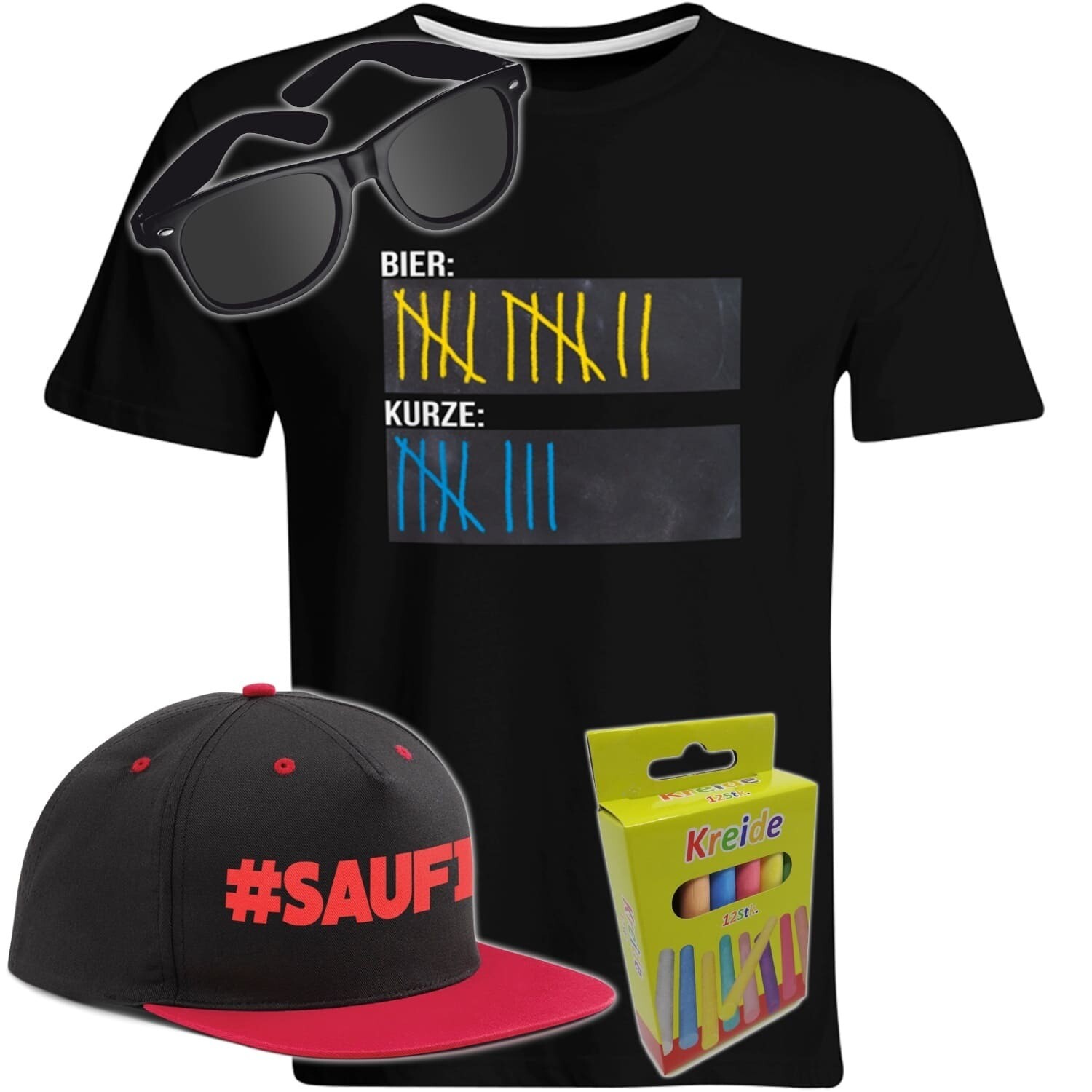 T-Shirt Strichliste Bier & Kurze mit Kreide beschreibbar inkl. Partybrille, #SAUFI Snapback (Rot)  und 12er-Pack Kreide (Herren, Rundhals, Farbe Schwarz)