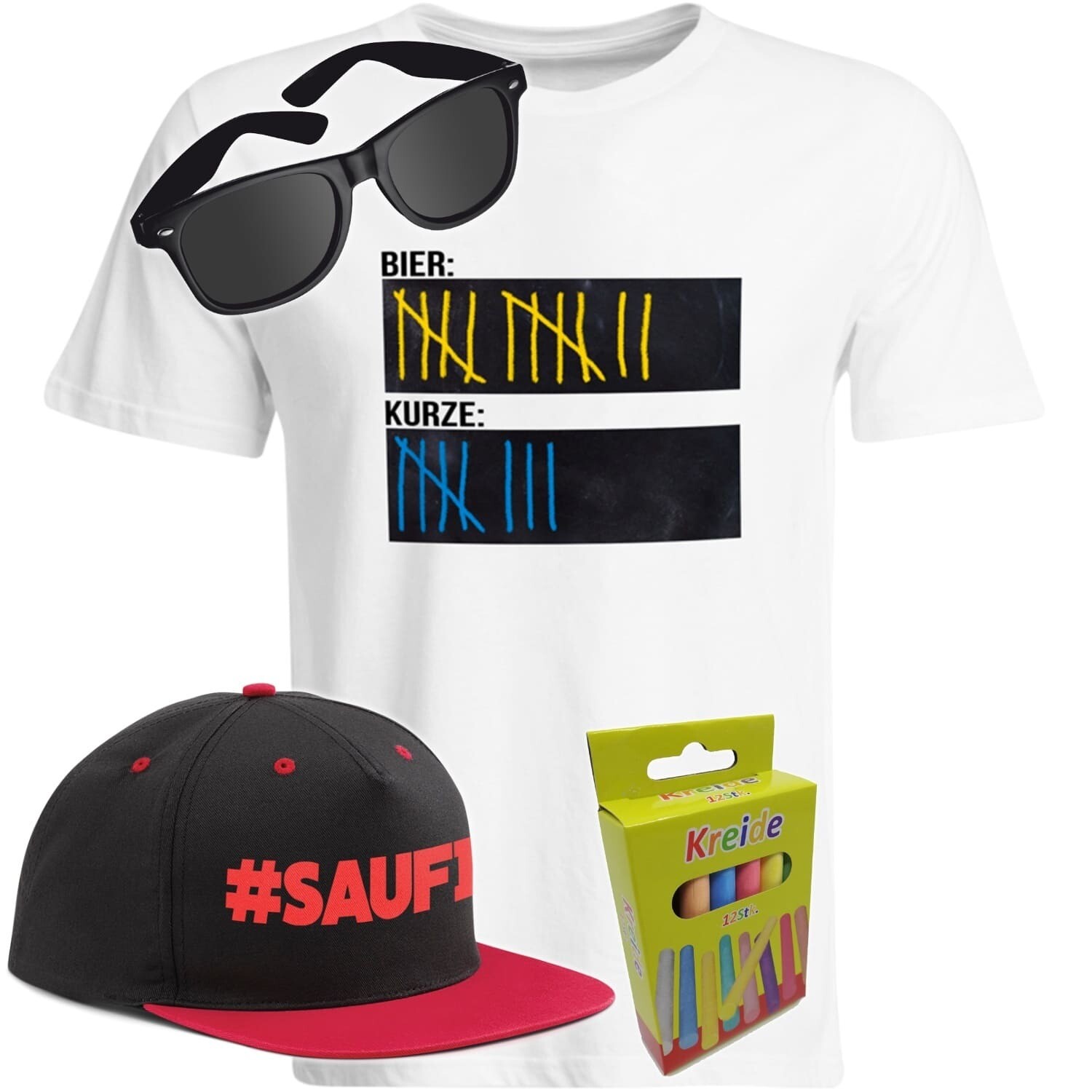 T-Shirt Strichliste Bier & Kurze mit Kreide beschreibbar inkl. Partybrille, #SAUFI Snapback (Rot)  und 12er-Pack Kreide (Herren, Rundhals, Farbe Weiß)