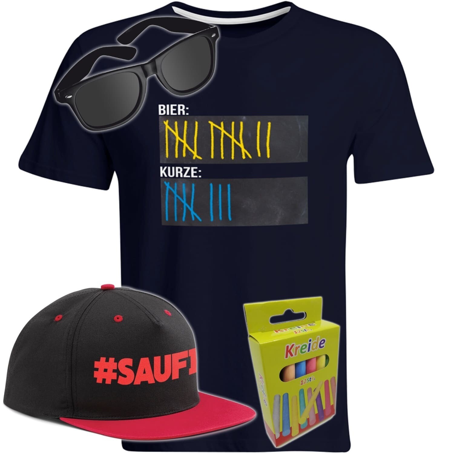 T-Shirt Strichliste Bier & Kurze mit Kreide beschreibbar inkl. Partybrille, #SAUFI Snapback (Rot)  und 12er-Pack Kreide (Herren, Rundhals, Farbe Navy)