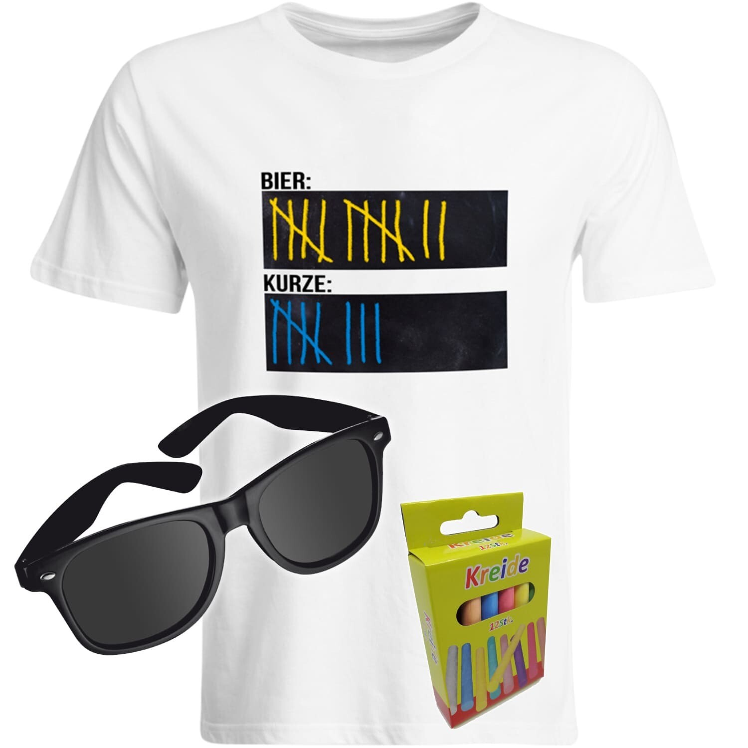T-Shirt Strichliste Bier & Kurze mit Kreide beschreibbar inkl. Partybrille und 12er-Pack Kreide (Herren, Rundhals, Farbe Weiß)