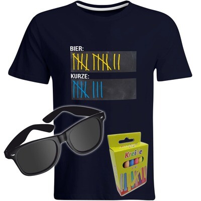 T-Shirt Strichliste Bier & Kurze mit Kreide beschreibbar inkl. Partybrille und 12er-Pack Kreide (Herren, Rundhals, Farbe Navy)