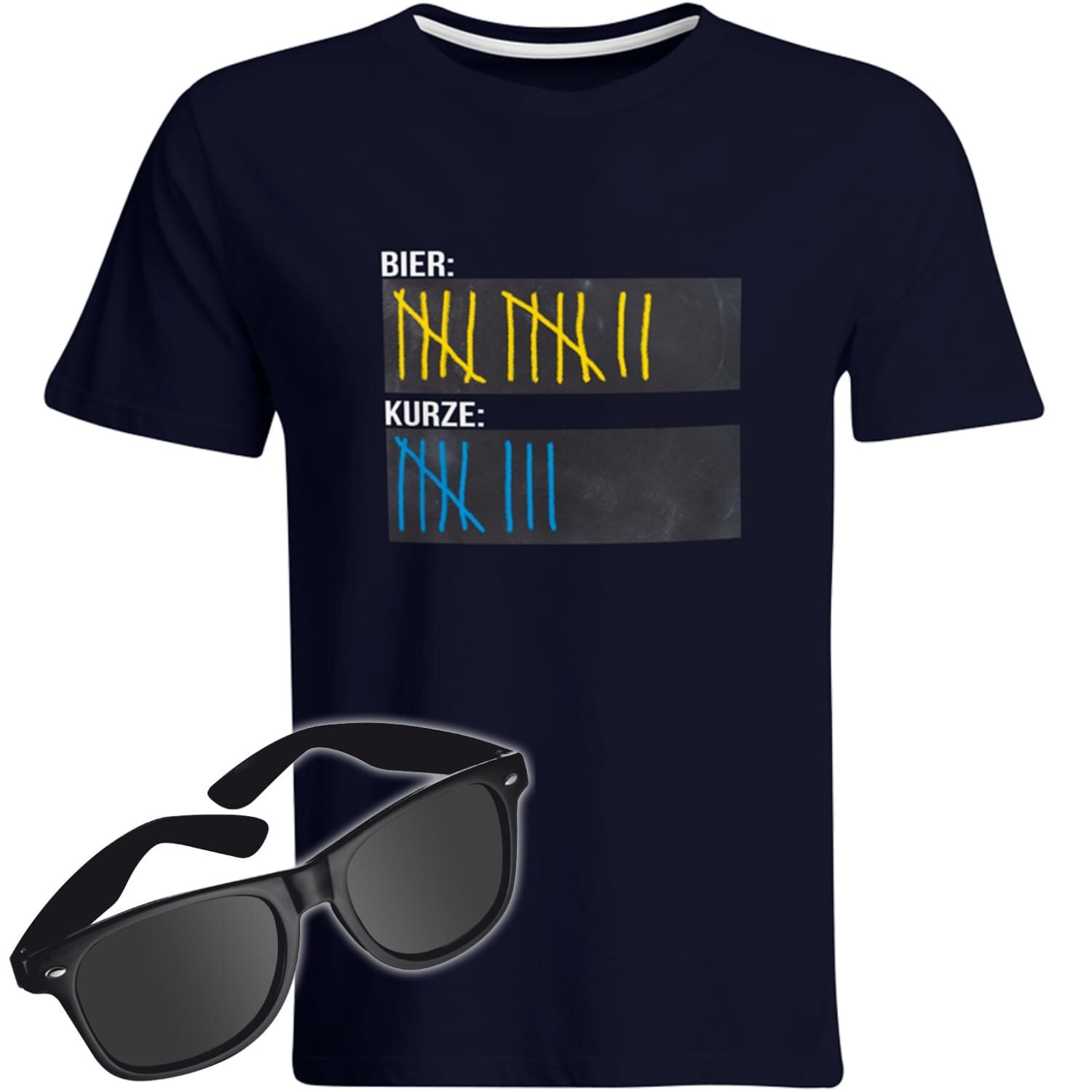 T-Shirt Strichliste Bier & Kurze mit Kreide beschreibbar inkl. Partybrille (Herren, Rundhals, Farbe Navy)