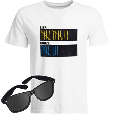 T-Shirt Strichliste Bier & Kurze mit Kreide beschreibbar inkl. Partybrille (Herren, Rundhals, Farbe Weiß)