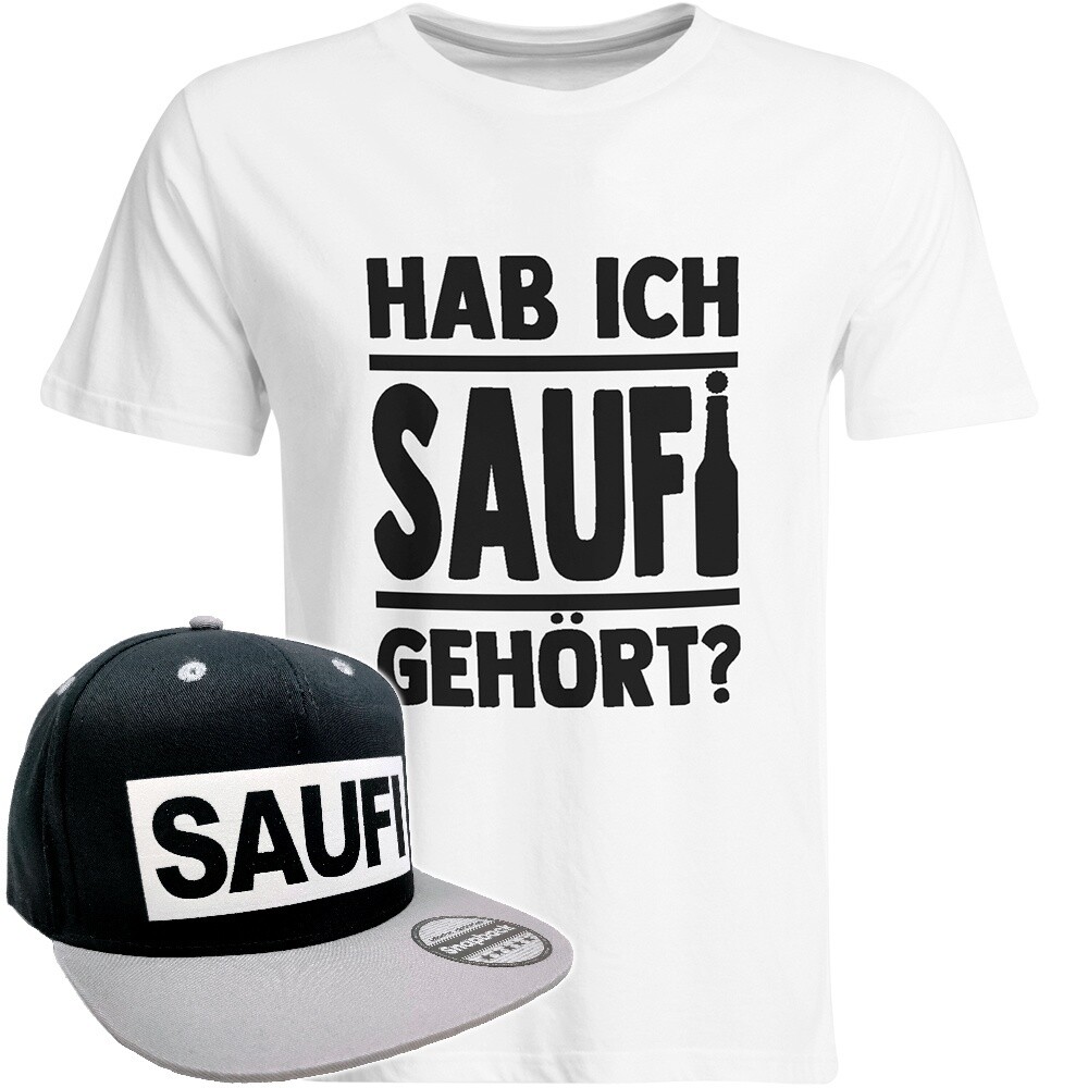 Hab ich Saufi gehört T-Shirt (Herren) inkl. Original SAUFI Snapback (Schwarz/Grau/Weiß)