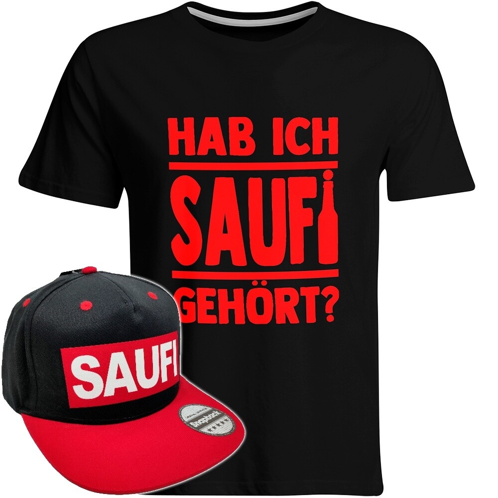 Hab ich Saufi gehört T-Shirt (Herren) inkl. Original SAUFI Snapback (Schwarz/Rot)