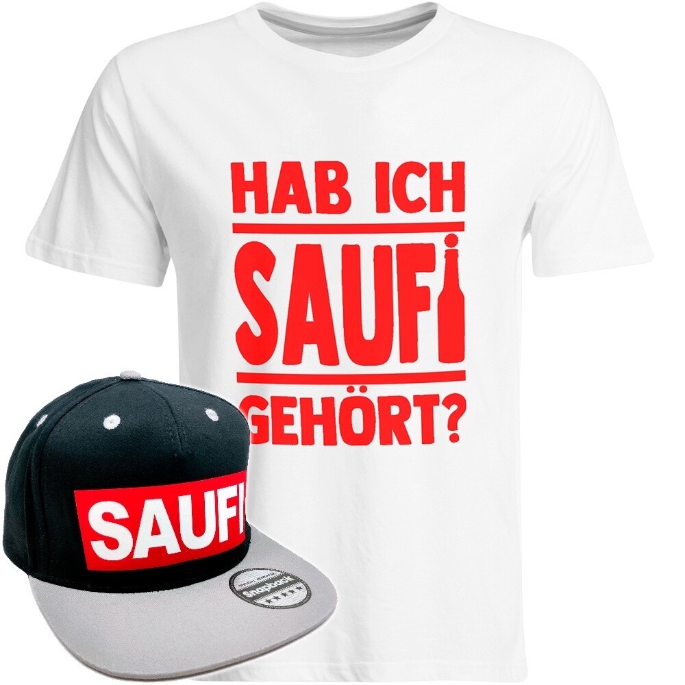 Hab ich Saufi gehört T-Shirt (Herren) inkl. Original SAUFI Snapback (Schwarz/Grau/Rot)