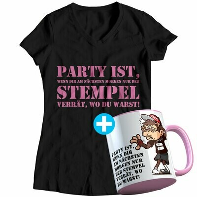 Party ist, wenn dir am nächsten Morgen nur der Stempel verrät, wo du warst Geschenkset inkl. Tasse (Damen, V-Neck Ausschnitt, verschiedene Farben) Party ist, wenn dir am nächsten Morgen nur der Stempel verrät, wo du warst Geschenkset inkl. Tasse (Damen, V-Neck Ausschnitt, verschiedene Farben)