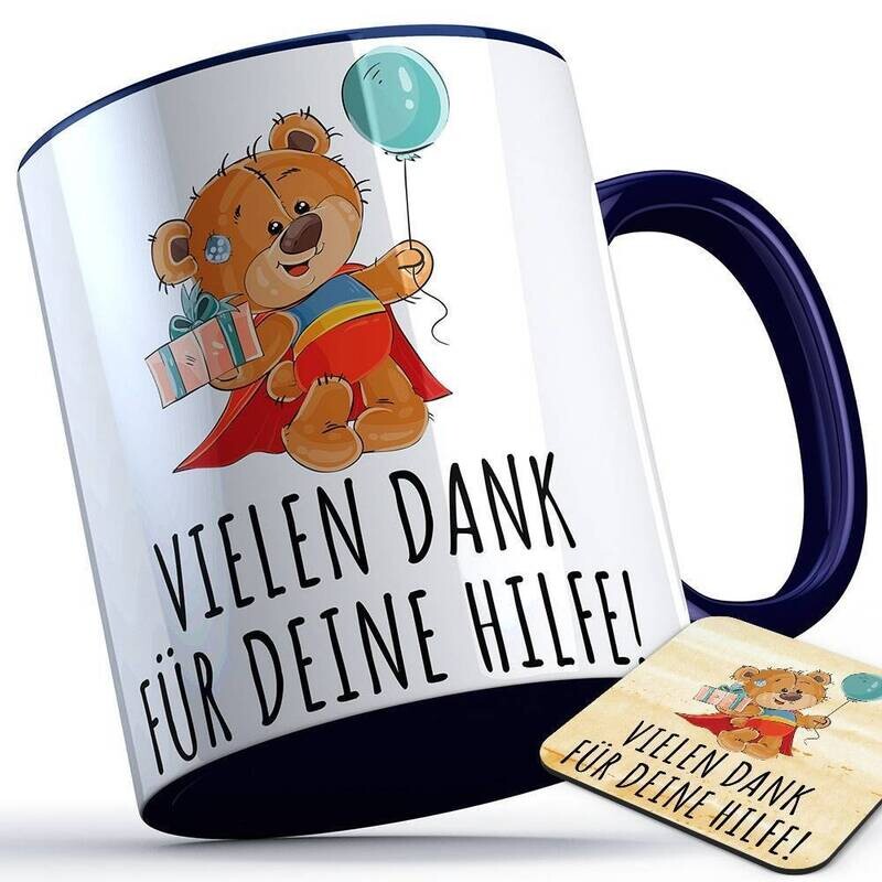 Vielen Dank für deine Hilfe Tasse (Bär mit Ballon) inkl. passendem Untersetzer süße Sprüchetasse (5 Varianten)